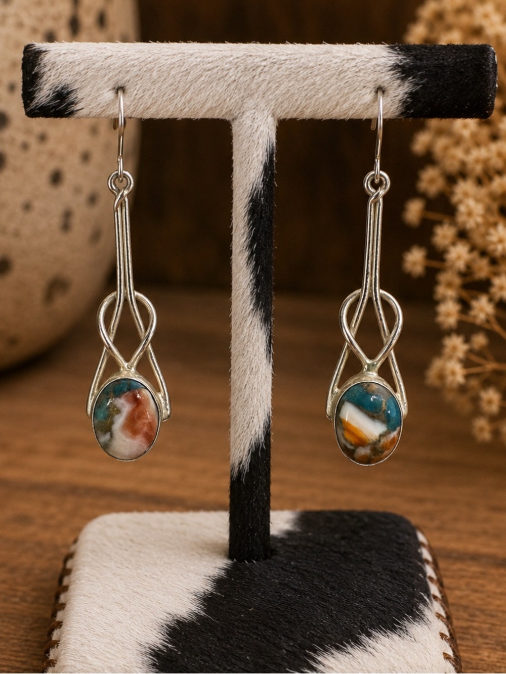 Sterling Silver Teardrop Dangle Earrings with Spiny Oyster Stone